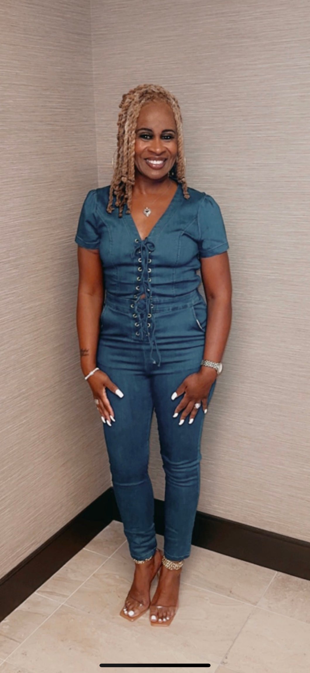 LACED UP DENIM JUMPSUIT