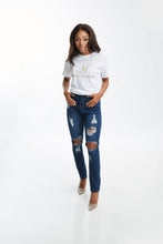 Load image into Gallery viewer, DARK BLUE CUT UP HIGH WAIST JEAN
