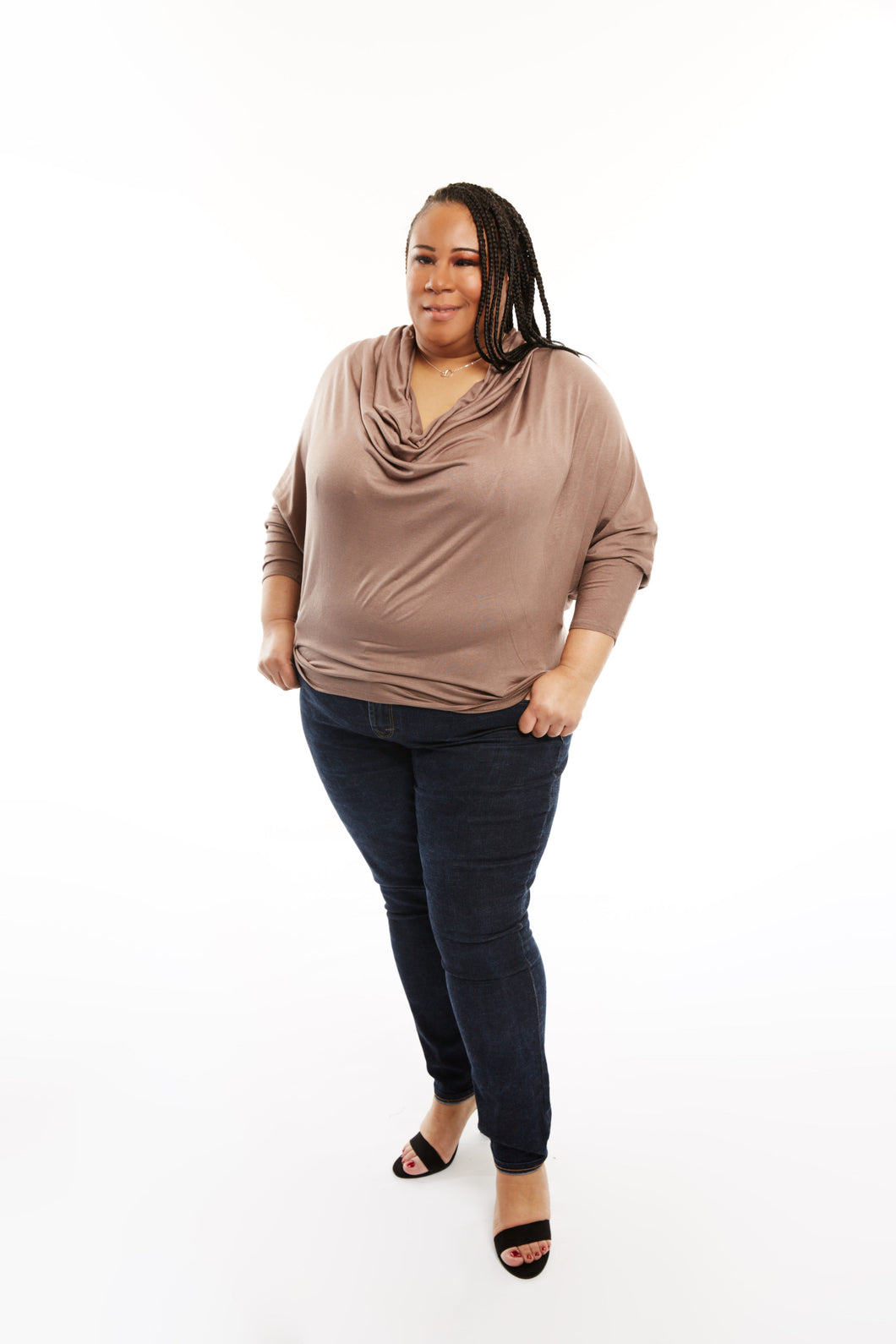 CURVY MOCHA COWL NECK TOP