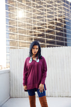 Load image into Gallery viewer, WINE OVERSIZED PATCHWORK V NECK TUNIC TOP
