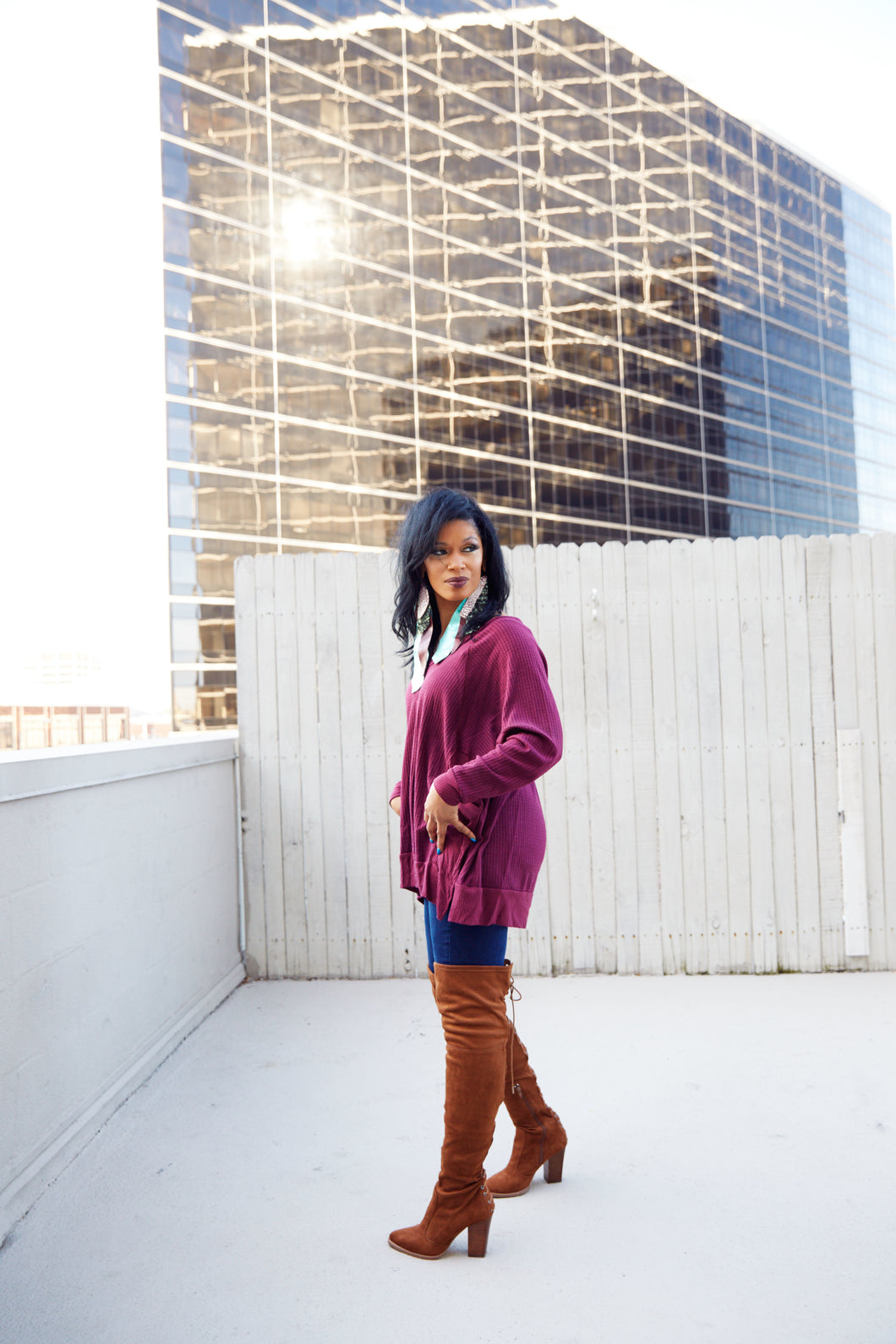 WINE OVERSIZED PATCHWORK V NECK TUNIC TOP