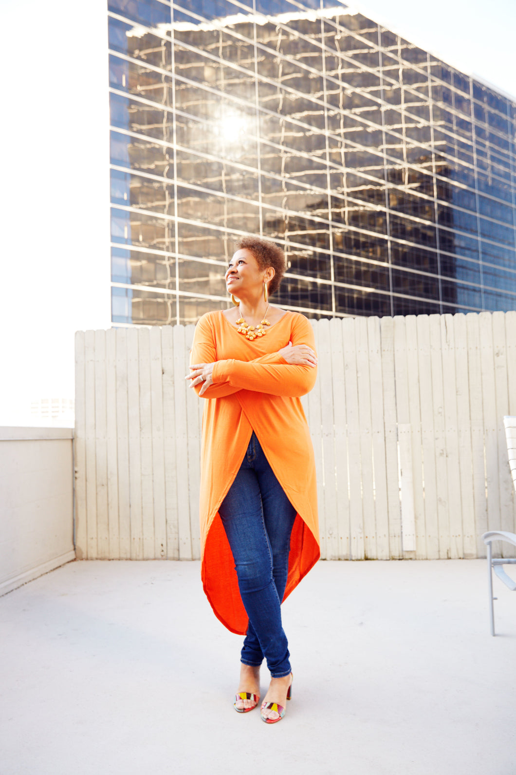 CURVY ORANGE LONG SLEEVE HIGH LOW TOP