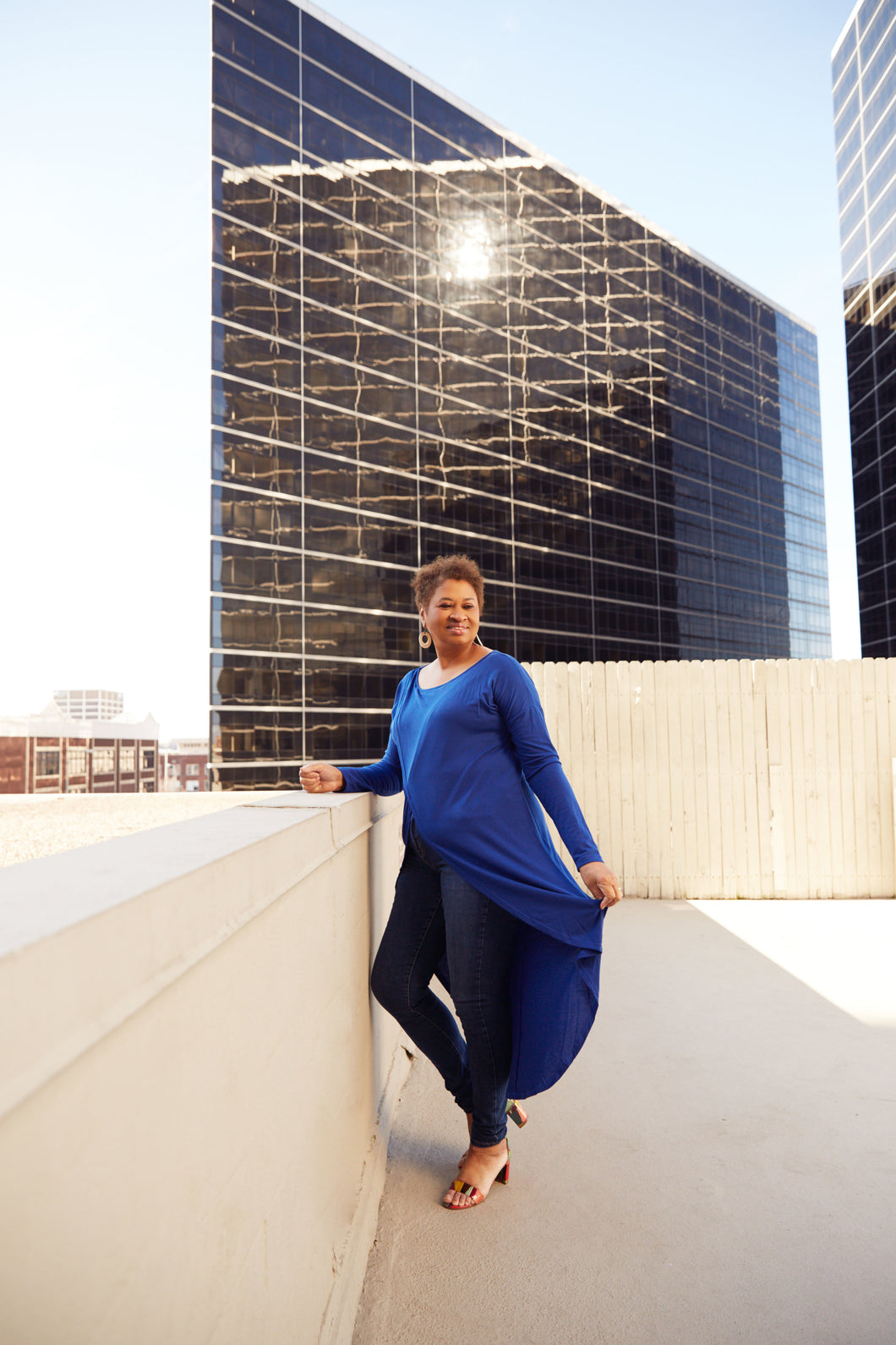 CURVY BLUE LONG SLEEVE HIGH LOW TOP w/SLIT